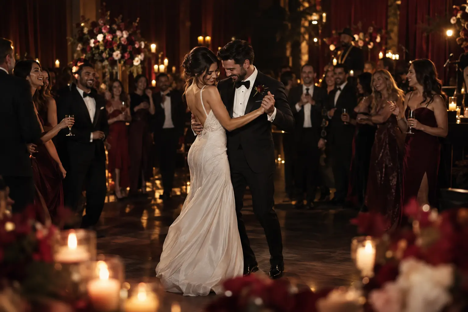 A newly married couple dancing during their evening reception