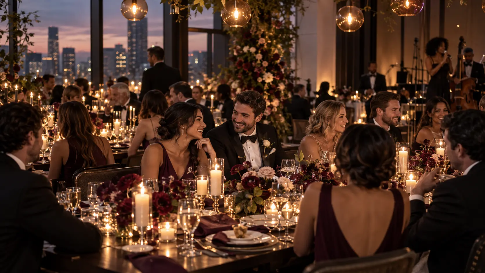 Guests dining by candlelight during an evening wedding reception