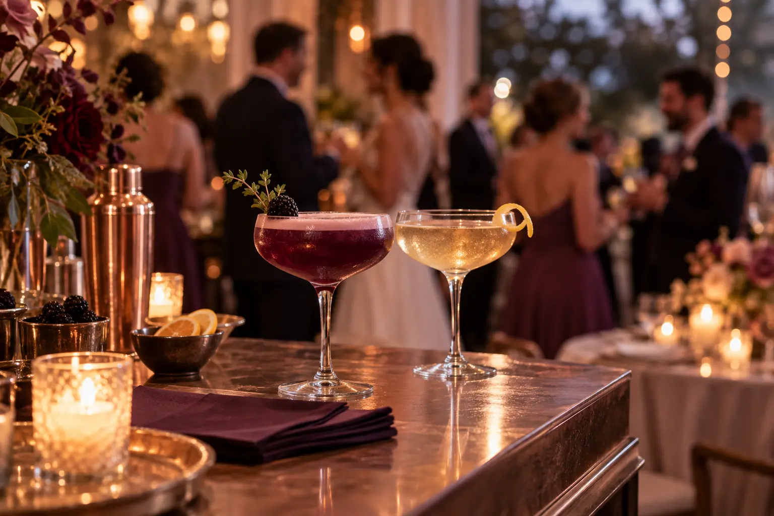 Two signature cocktails at a candlelit wedding reception