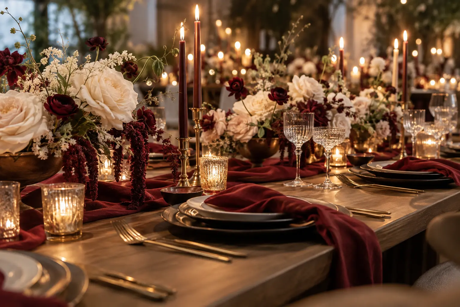 Burgundy and cream wedding tablescape illuminated by taper candles