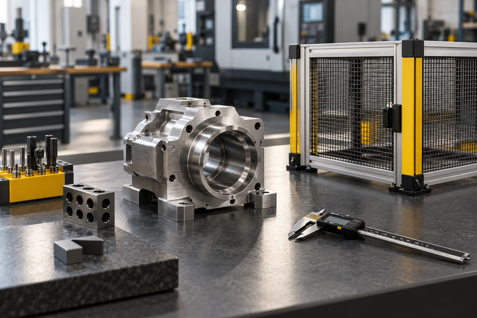 Illustrative inspection bench with a machined steel component, calliper and protective mesh module