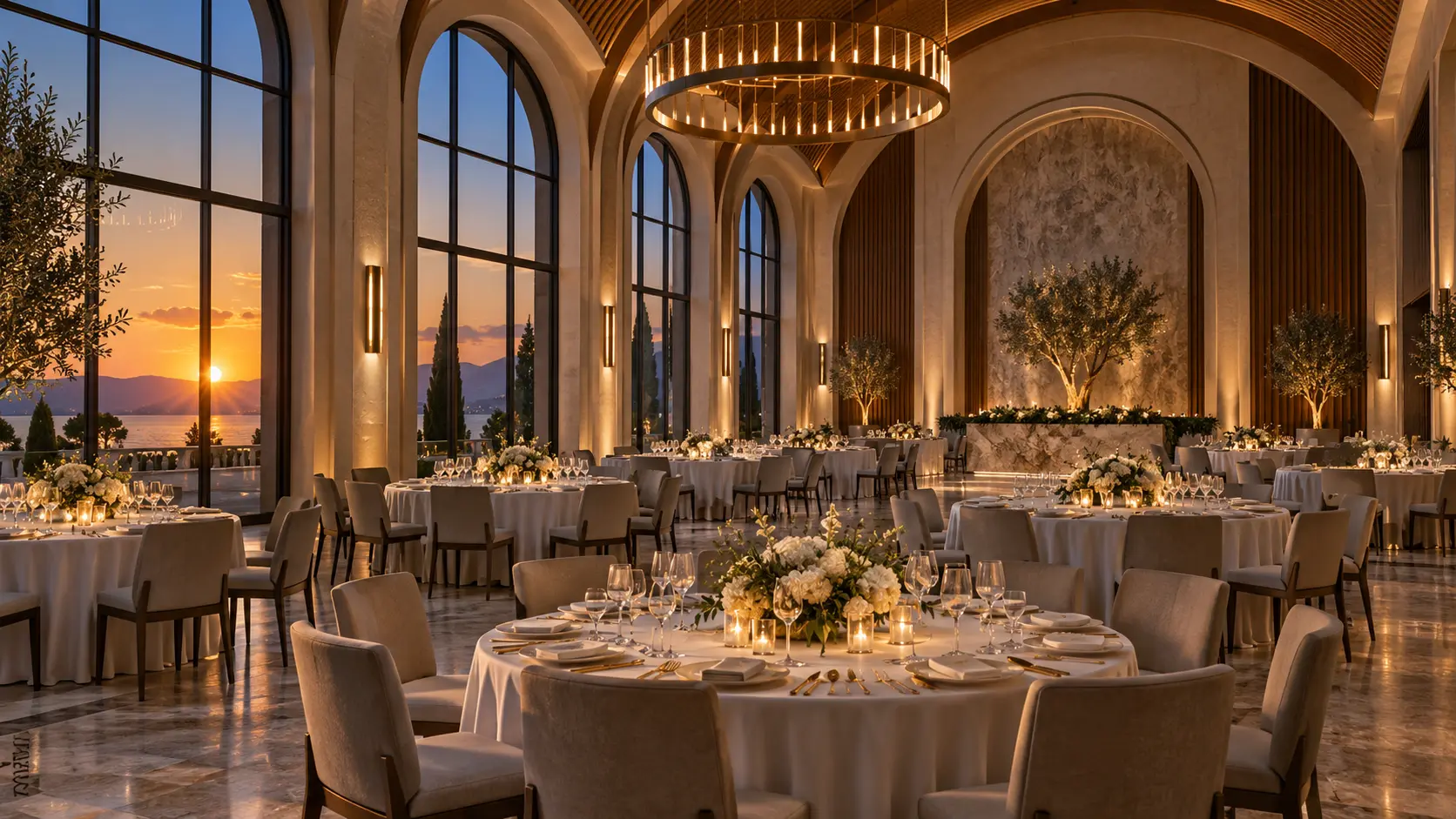 Grand Ballroom prepared with round dinner tables at sunset