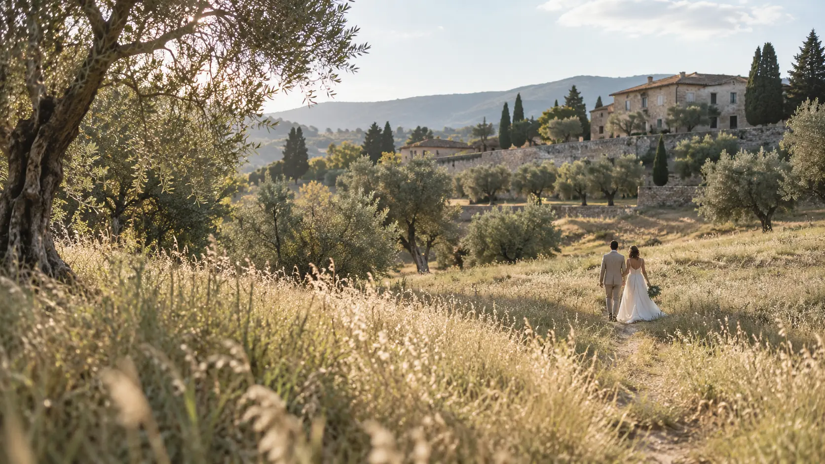 Newly married couple walking through meadow near the estate