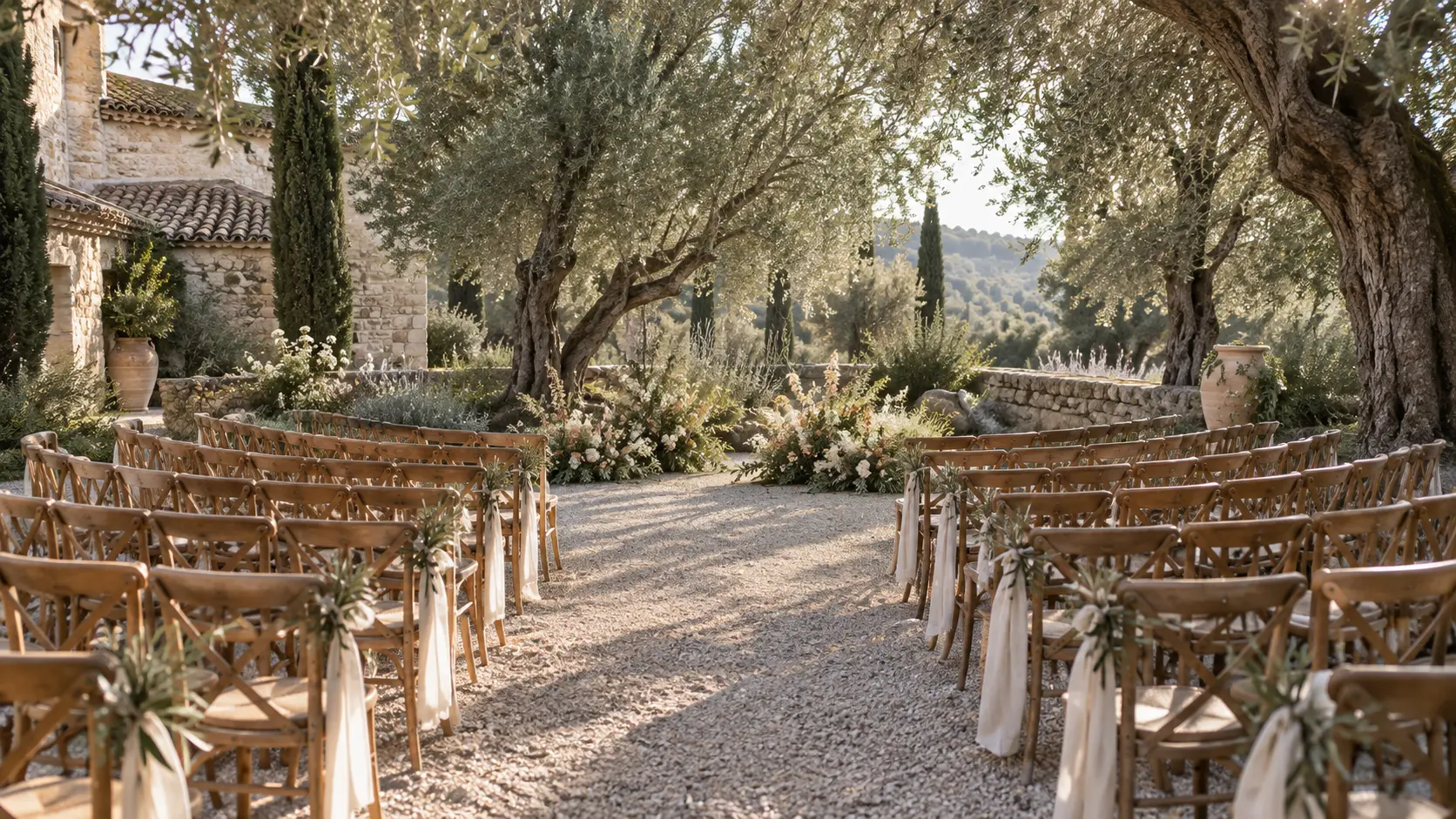 Outdoor ceremony setting beneath mature olive trees
