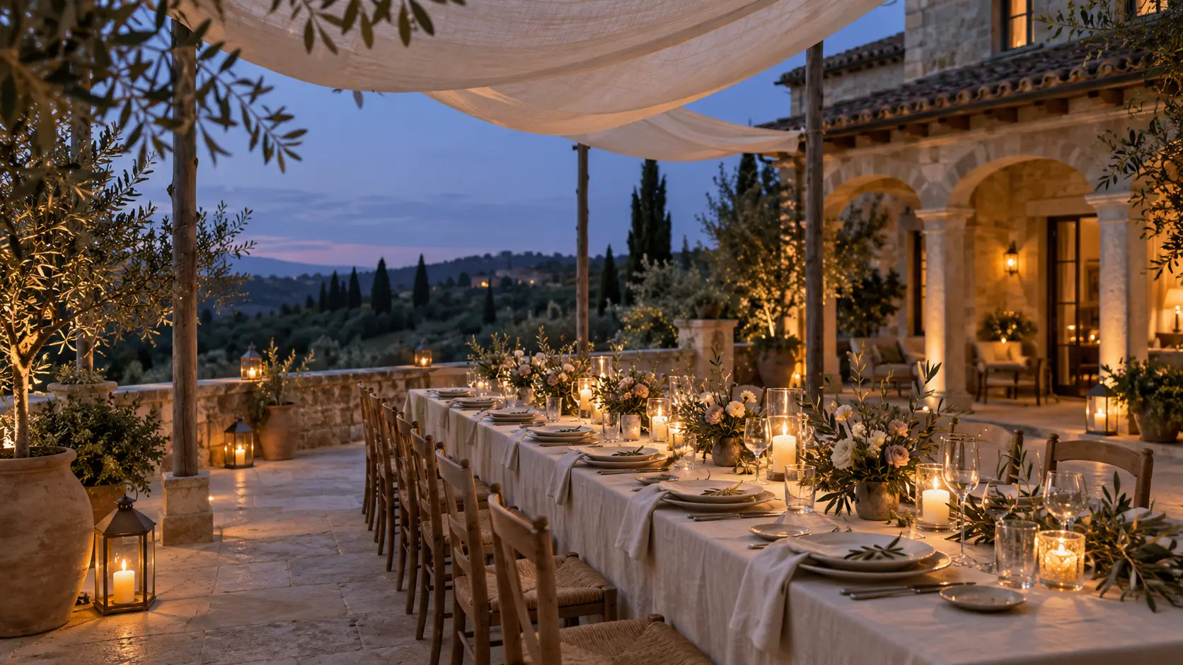 Long wedding dinner on a limestone terrace at blue hour