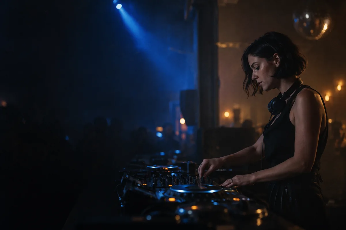 Fictional DJ Noxen working at a mixing console in blue and amber stage light