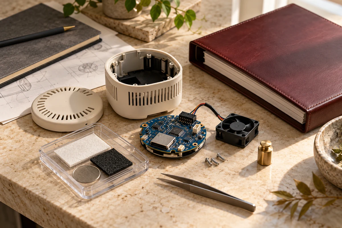 Illustrative technical still life of an air-quality sensor, calibration weight and evidence binder