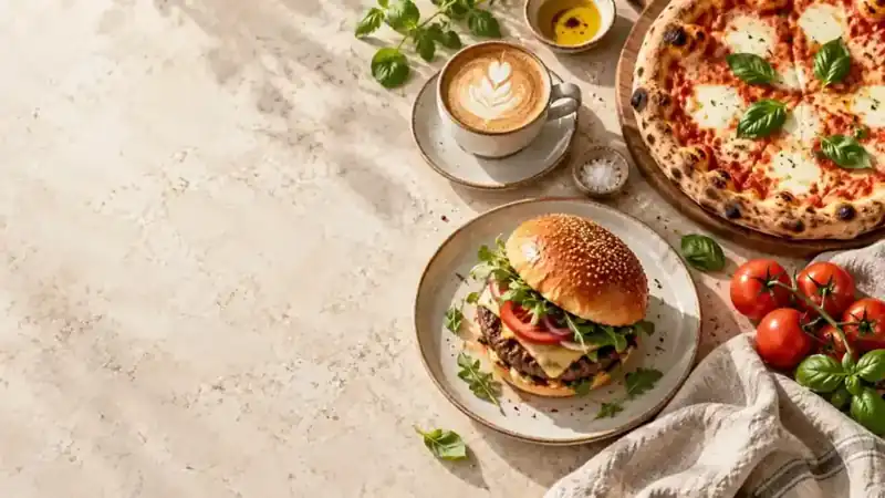 Burger, Pizza und Kaffee auf einem gedeckten Tisch