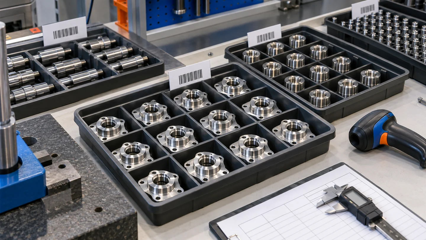 Precision components and batch labels at a quality-control station